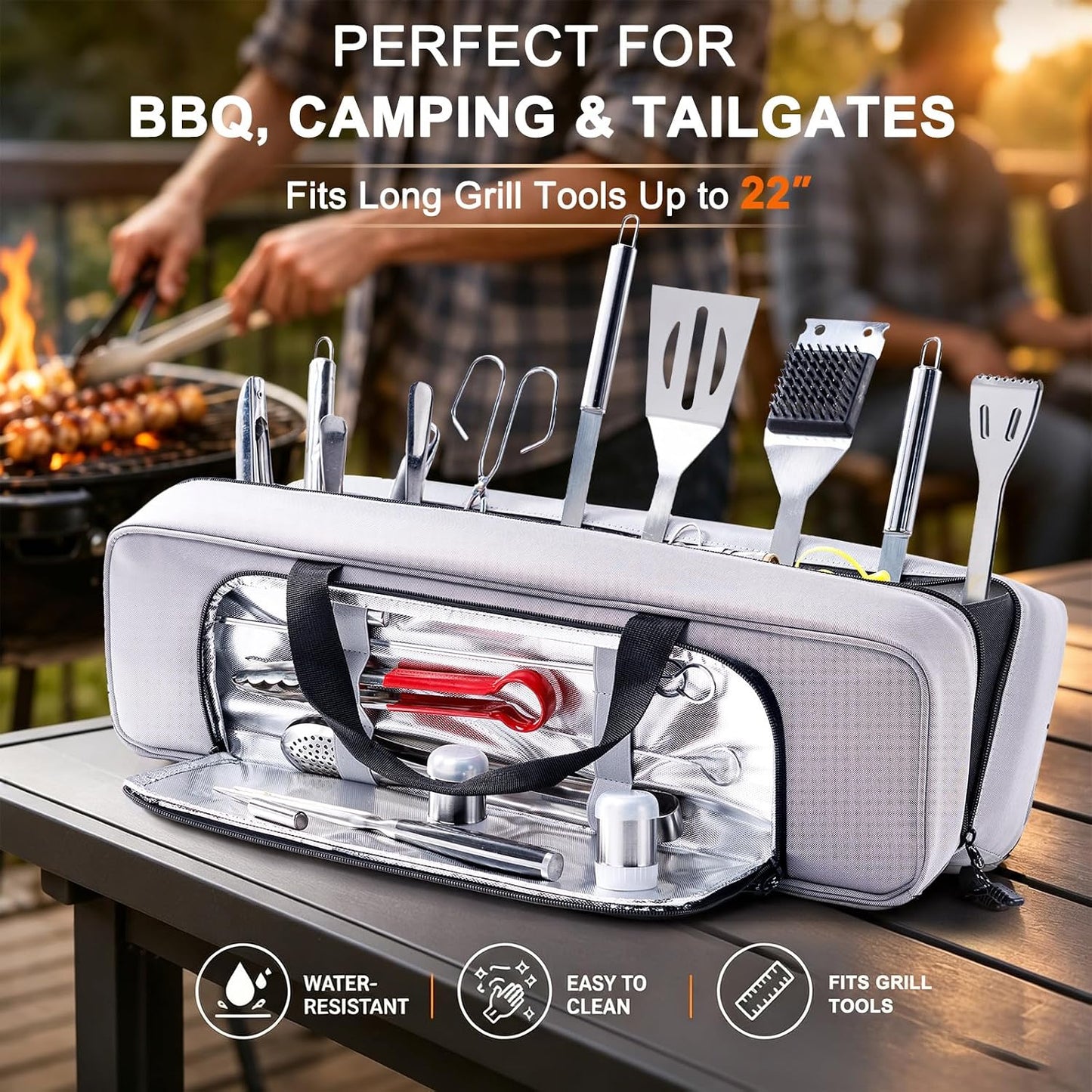 22" Grill Tool Bag, Heavy Duty BBQ Accessories Organizer with Wide-Open Design, Large Griddle Utensil Storage Bag for Blackstone, Camping, Tailgating, BBQ Gifts for Men（Bag Only）