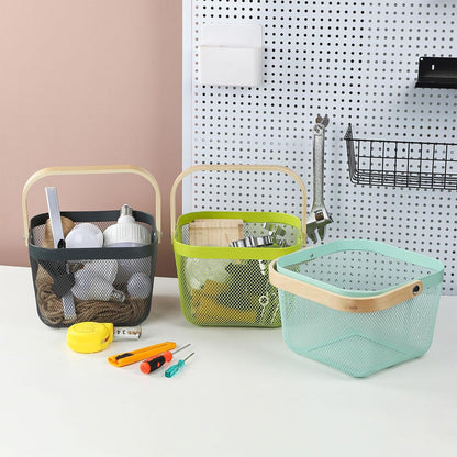 Coloful Metal Mesh Wire Basket with Foldable Wooden Handle,Bin Garden Fruit Vegetable Storage Hanging Harvest Holder for Kitchen Bathroom Picnic (Yellowish Green, Cuboid-15.7 x 9.5 x 7.2“)