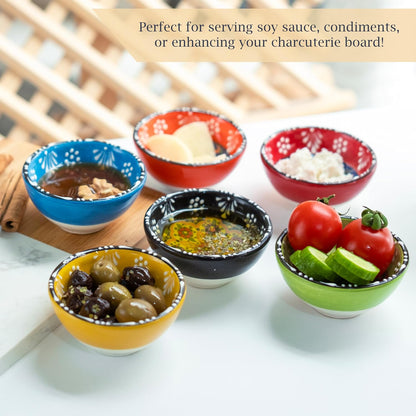 Ceramic Small Dipping Bowls Set of 6, 3.5 Oz Soy Sauce Dish, Handmade Charcuterie, Colorful Pinch, Dishwasher & Microwave Safe, 3.2'' Mini (SULTAN'S GARDEN)