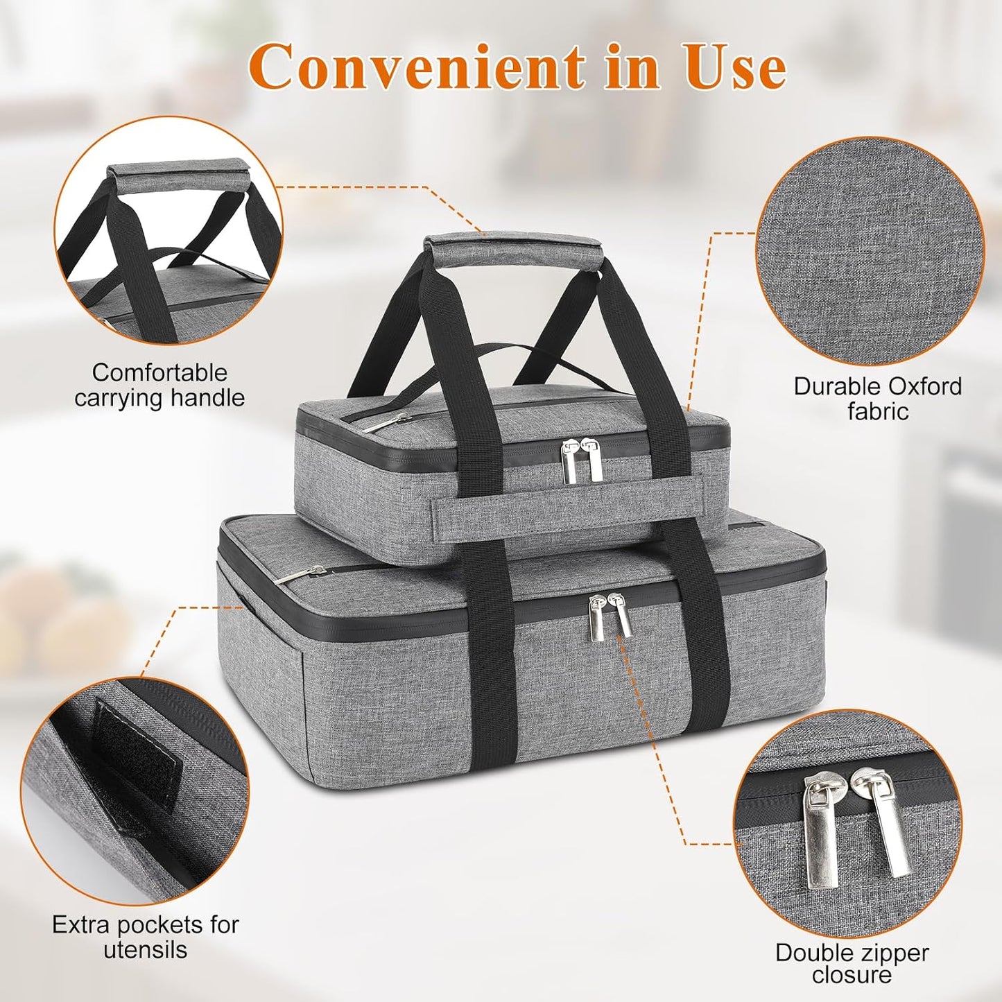 Insulated Casserole Carrier for Hot or Cold Food, Fits 8"-15" Baking Dish，Thermal Food Carrier Bag, Lasagna Lugger Tote for Potluck Parties/Picnic/Cookouts/Lunch, Grey，2 Pack