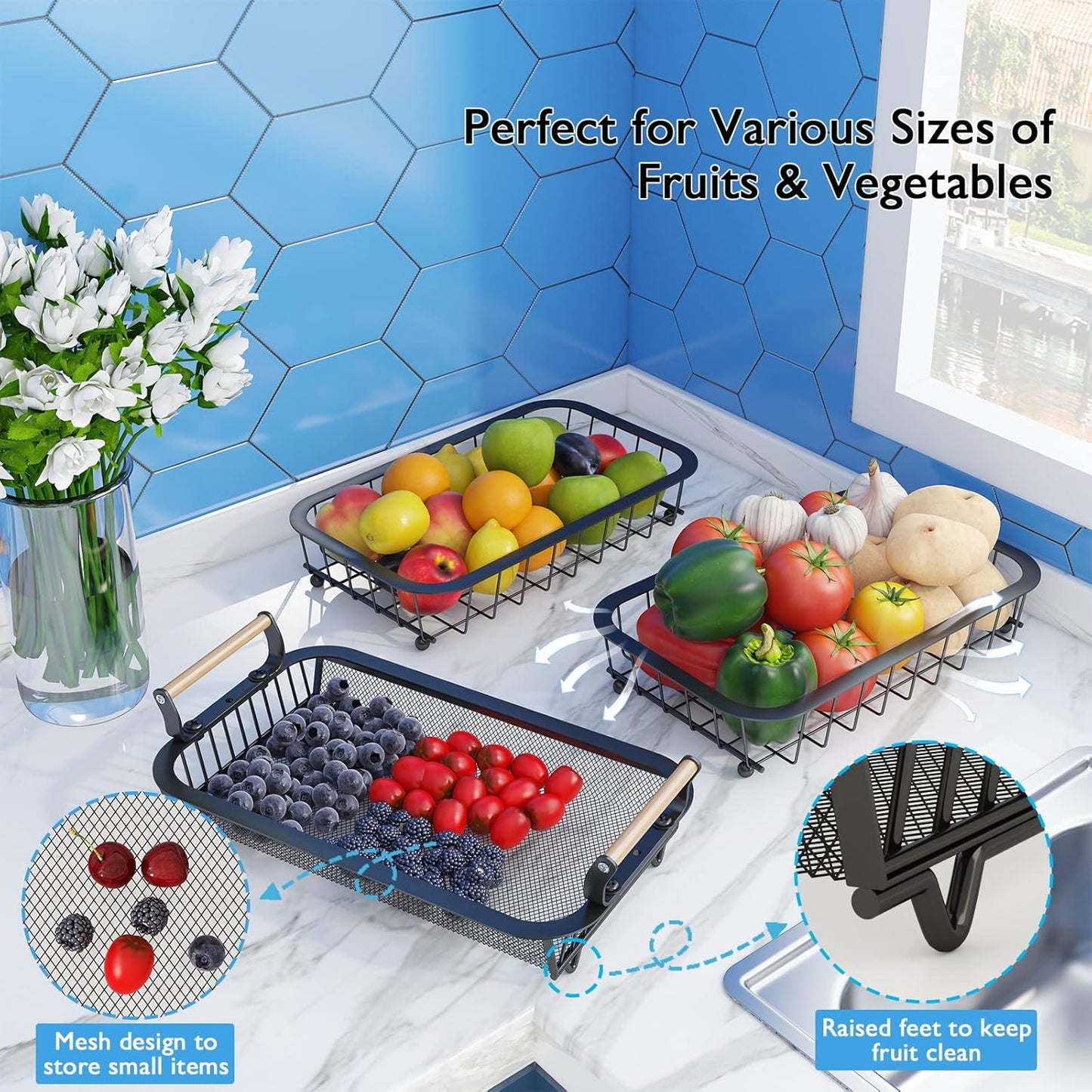 ANTOPY 2 Tier Fruit Basket with 2 Banana Hangers, Countertop Fruit Vegetable Basket Bowl for Kitchen Counter Metal Wire Fruits Storage Stand Holder Organizer for Bread Snack Veggies Produce