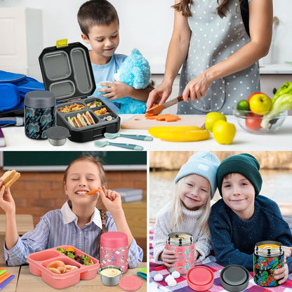 Itslife Bento Lunch Box Set for Kids with 12oz Soup Thermo&Lunch Bag, Leak-Proof Lunch Food Containers for Kids School, 5 Compartment, Sauce Cup, 10 Notes (Dinosaurs Black)