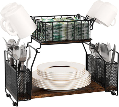 TQVAI Buffet Caddy, 2 Tier Countertop Paper Plate Organizer with Silverware Holder Mugs Hook Napkin Basket, Serving for Catering Supplies Buffet Display Hosting Thanksgiving Essentials, Black/Antique