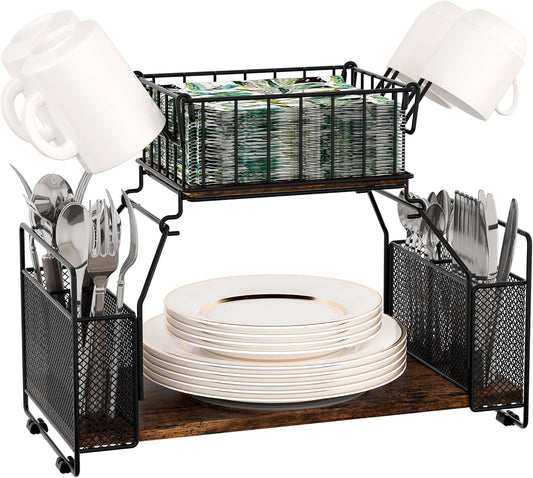 TQVAI Buffet Caddy, 2 Tier Countertop Paper Plate Organizer with Silverware Holder Mugs Hook Napkin Basket, Serving for Catering Supplies Buffet Display Hosting Thanksgiving Essentials, Black/Antique