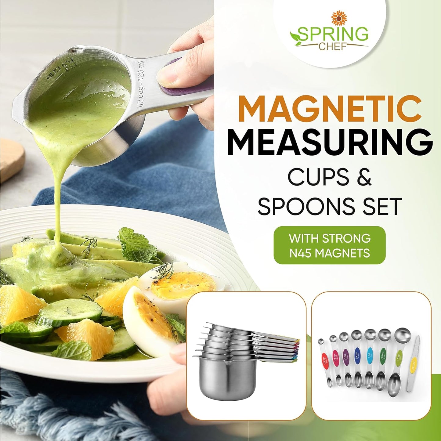 Spring Chef Magnetic Measuring Cups & Spoons Set, Patented, Strong N45 Magnets, Heavy Duty Stainless Steel Fits in Spice Jars for Baking & Cooking, BPA Free, Round Set of 15 with Leveler, Black