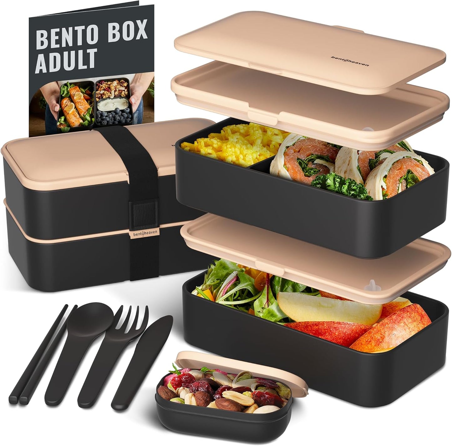 Bentoheaven Premium Bento Box Adult Lunch Box with Compartments for Women & Men, Set of Utensil & Chopsticks & Dip Container, Cute Japanese Kids Bento Lunch Box, Microwavable (Symph Onyx)
