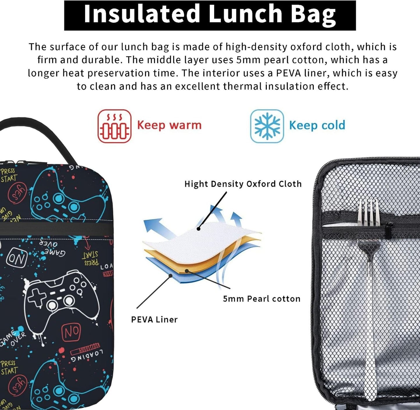 Black Cat Reusable Lunch Box Food Bag Insulated Lunch Bag for Teenage Boys Girls School Beach