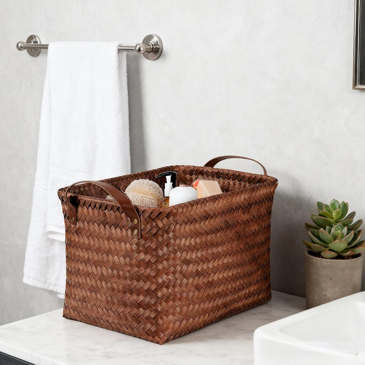 15L Laundry Baskets Waterproof Storage Baskets For Shelves Large Laundry Hamper With Leather Handle -set of 4 Cube Organizers Woven Bins for Bathroom,Bedroom,Pantry,Clothes,Car & Towels-Brown
