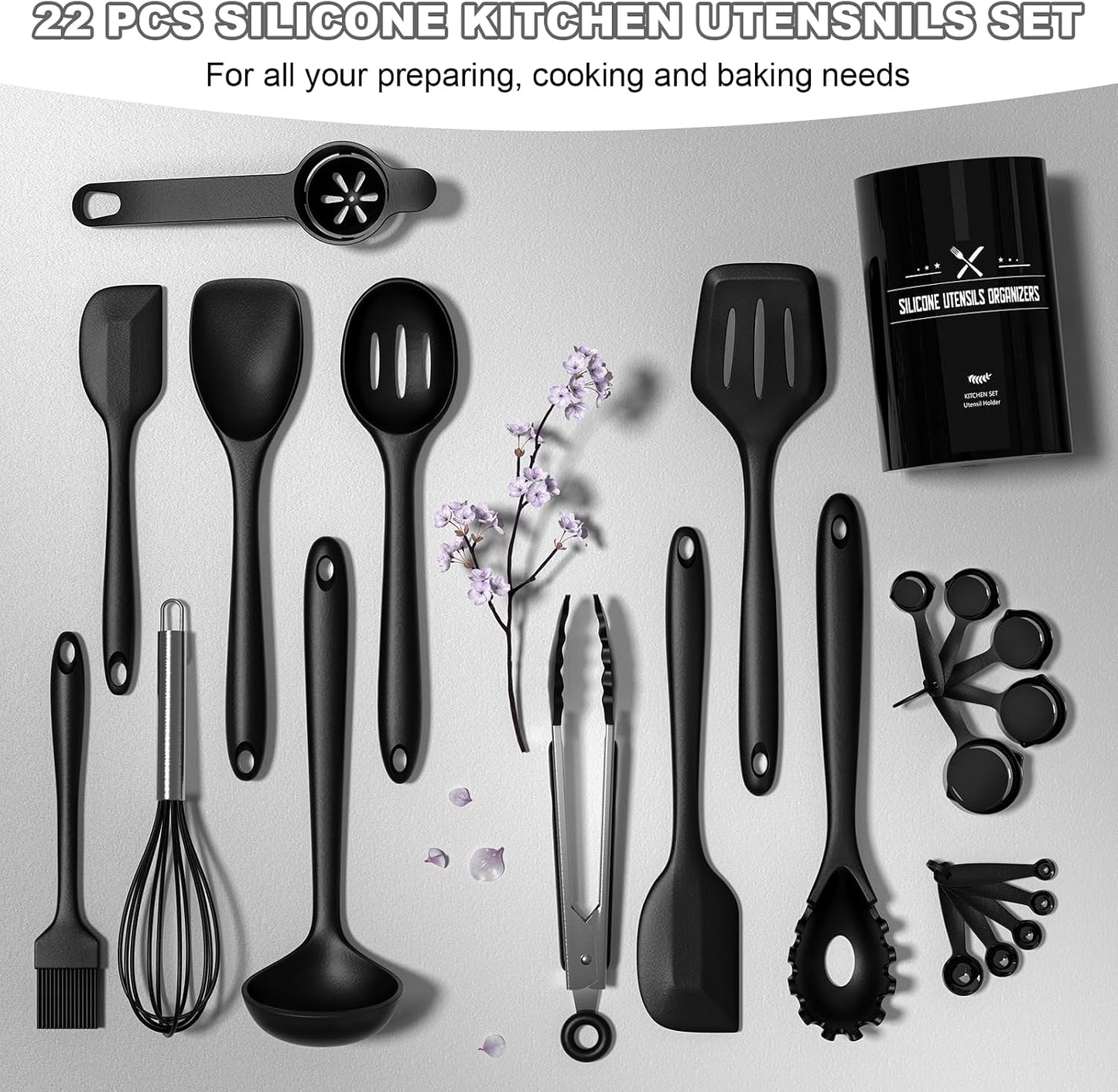 Umite Chef 22-Piece Silicone Cooking Utensils Set，Heat Resistant & Dishwasher Safe Kitchen Tools, Black Non-Scratch Spatula Set for Nonstick Cookware (Khaki)