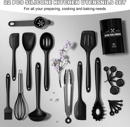 Umite Chef 22-Piece Silicone Cooking Utensils Set，Heat Resistant & Dishwasher Safe Kitchen Tools, Black Non-Scratch Spatula Set for Nonstick Cookware (Khaki)