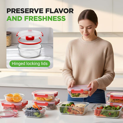 NutriChef 24pcs Glass Food Storage Containers, (12 Stackable Heavy Duty Meal Prep Containers w/ 12 Airtight Lids), Microwave, Freezer, & Dishwasher Safe for Food, Snacks, Fruit & More, (Gray)