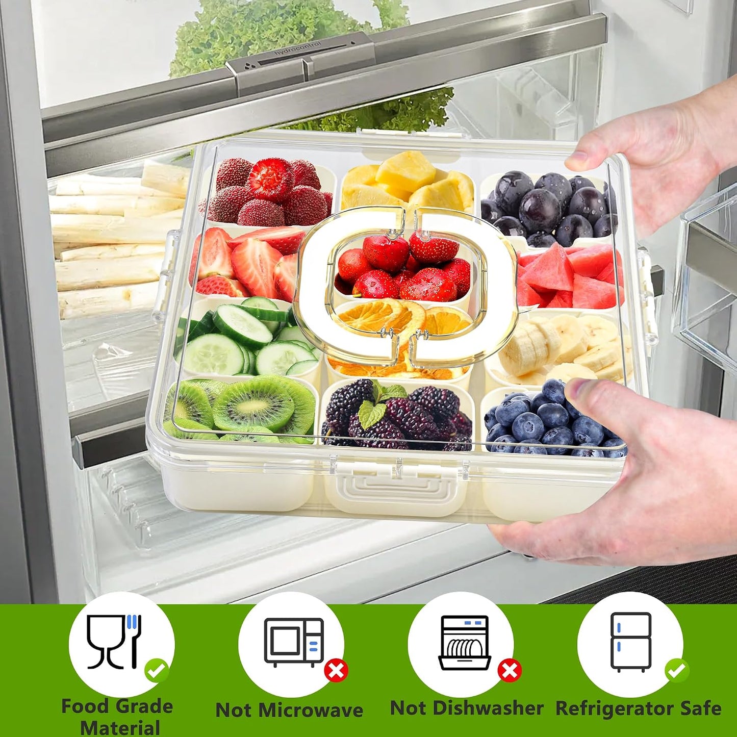 Snackle Box Charcuterie Container Divided Serving Tray with Lid and Handle Portable Snack Platters for Fruit Nuts Candy Entertaining Party Picnic(4 Compartments)