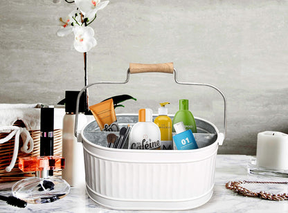 Alpha Living Home Galvanized Metal Utensil Caddy - Rustic Farmhouse Organizer Metal Garden Caddy with 4 Compartments and Wooden Handle for Kitchen, Buffet & Outdoor Events (Silver)