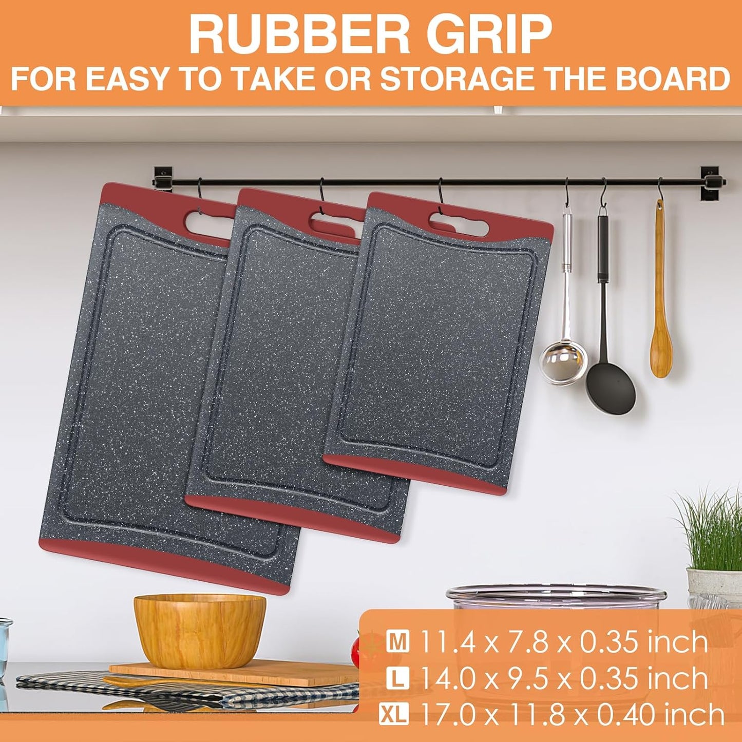 Extra Large Cutting Boards, Plastic Cutting Boards for Kitchen (Set of 3) Cutting Board Set Dishwasher Chopping Board with Juice Grooves Easy-Grip Handles, Dark Grey, Empune