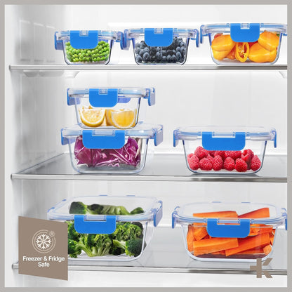 Bakken Borosilicate Glass Food Storage Containers with Lids 16 Pieces, BPA-Free Stackable Lunch & Leftover Containers, Microwave, Freezer & Dishwasher Safe, 100% Airtight Leak-Proof, Gray