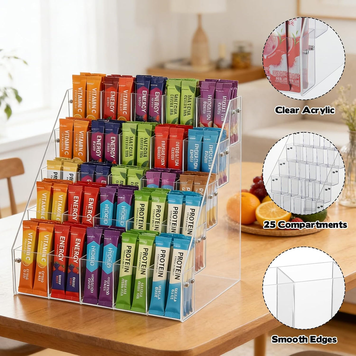 Drink Packet Organizer with 25 Compartments, 5-Tier Water Packet Organizer for Water Flavor Drink Mix, Transparent Acrylic Sugar Packets Holder for Pantry Cabinet Kitchen Storage Organization