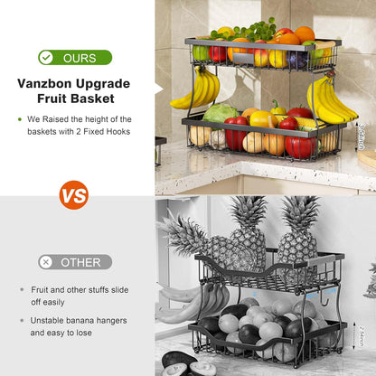 3 Tier Fruit Basket for Kitchen Counter with 2 Banana Hangers, Countertop Metal Fruit Bowl with Wooden Handle, Large Capacity Metal Wire Fruits Stand Organizer for Fruits Vegetables Breads Coffee Can