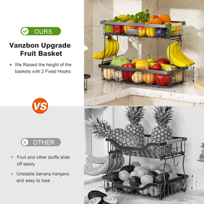 3 Tier Fruit Basket with 2 Banana Hangers for Kitchen Counter | 3-Tier Detachable Design,Metal Wire Construction, Wooden Handle, Large Capacity, Multi-Purpose Organizer,Mesh Basket