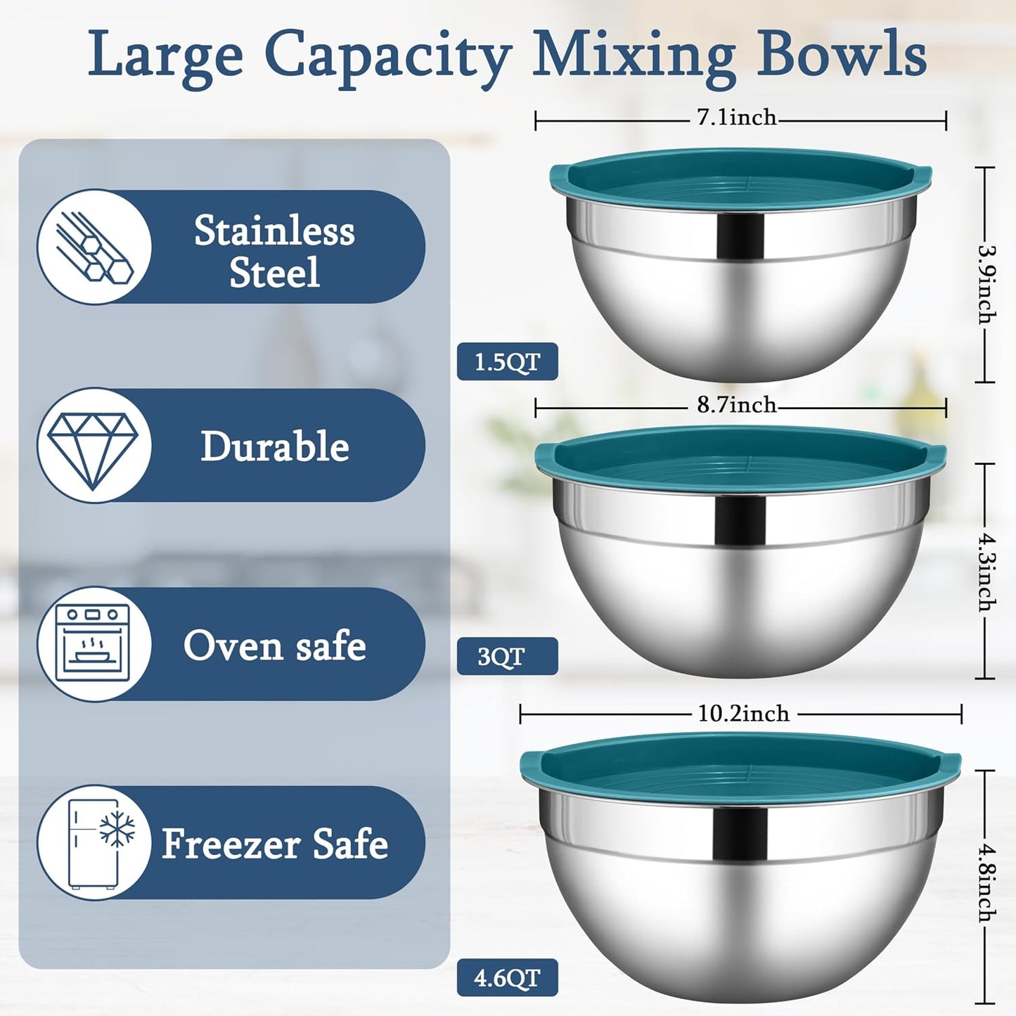 LIANYU Mixing Bowls with Airtight Lids Sets, 3 Packs Stainless Steel Metal Mixing Bowls, Ideal for Prepping, Cooking, Storage, Serving, Freezer & Dishwasher Safe, Khaki