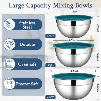 LIANYU Mixing Bowls with Airtight Lids Sets, 3 Packs Stainless Steel Metal Mixing Bowls, Ideal for Prepping, Cooking, Storage, Serving, Freezer & Dishwasher Safe, Khaki