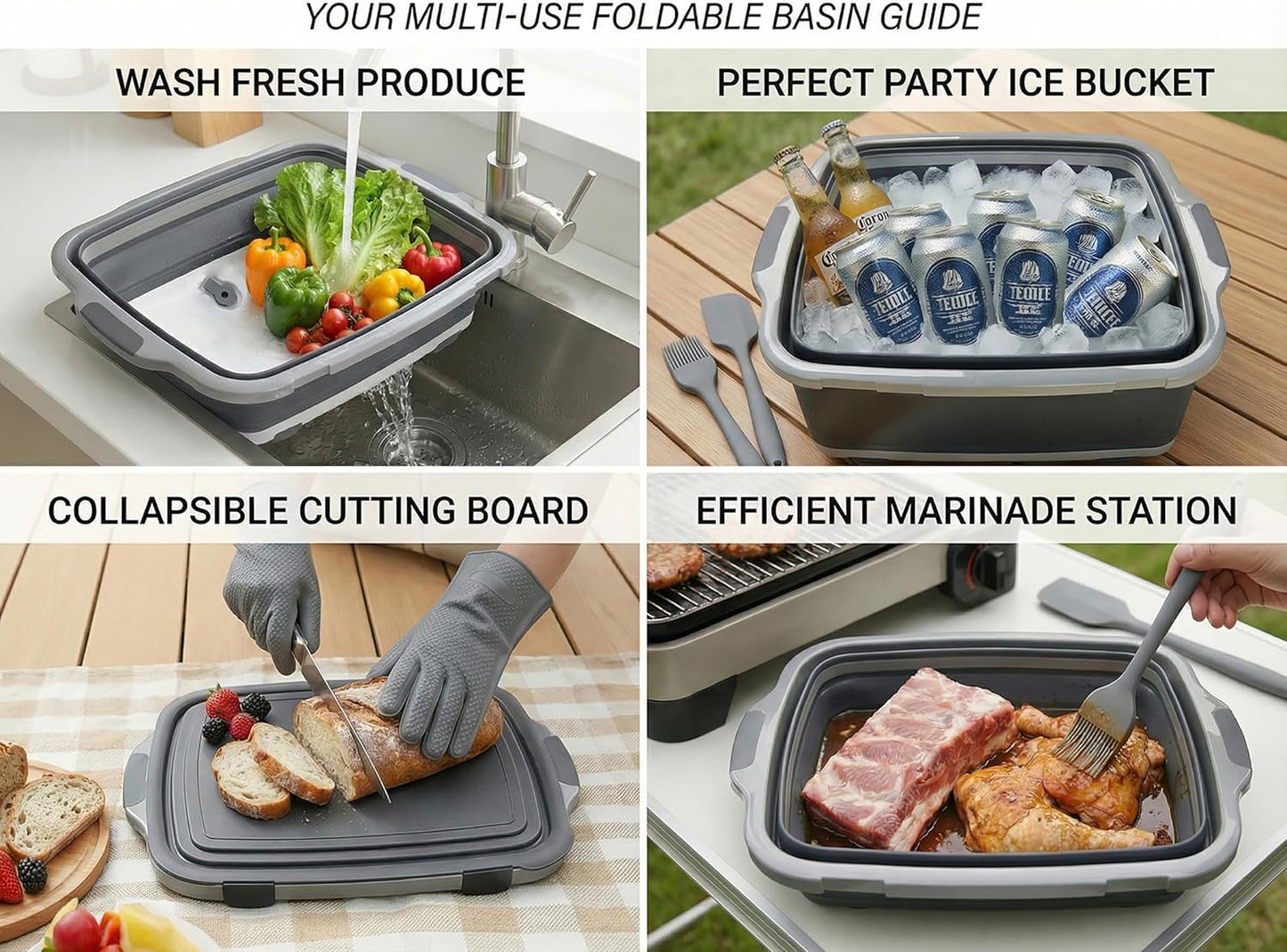 Collapsible BBQ Prep Tub with Lid & Cutting Board 16L - XL Meat Marinating Basin & Grill Carry System - 5pc Set with Heat Resistant Gloves, Basting Brush & Spatula (Black, Large, 16L)