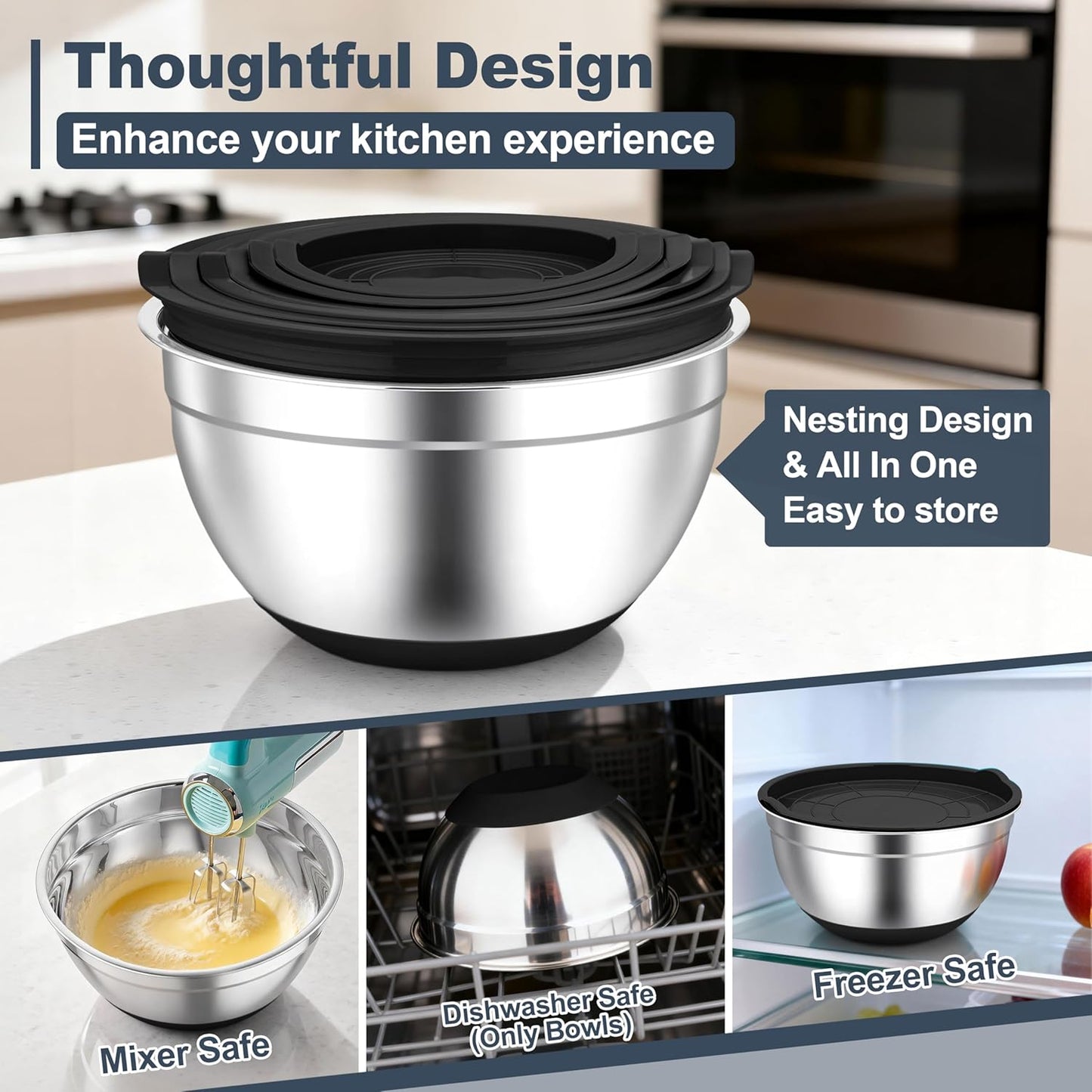 TeamFar Mixing Bowls, Stainless Steel Mixing Bowls with Lids, Nesting Salad Bowls with Air-tight Lids & Non-slip Bottom, Dishwasher Safe & Stackable, Set of 6-4.6/2.6/2 / 1.5/1 / 0.7 Qt