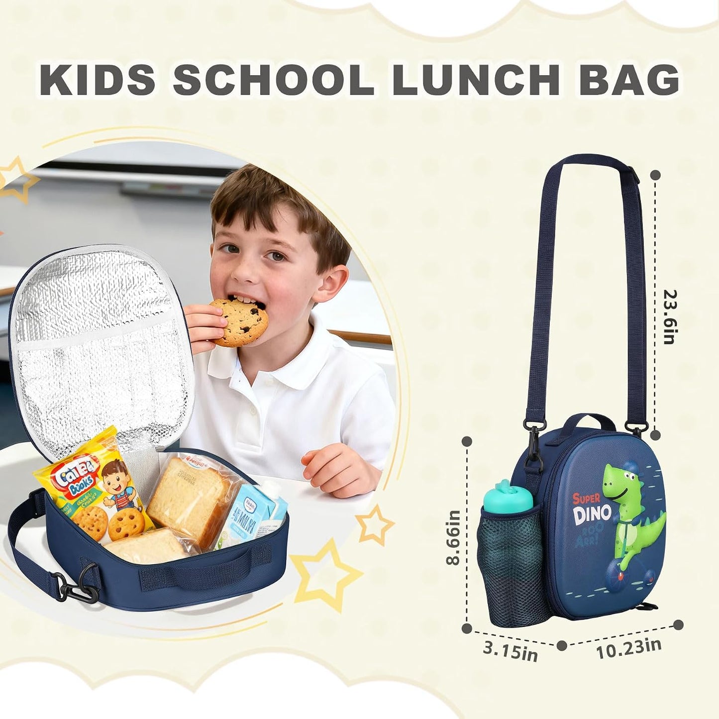 Kids Lunch Box for Kids Insulated Reusable Lunch Bag Tote Durable Children Leak-proof Lunchbox with Adjustable Shoulder Strap for School Daycare Travel Picnic (Navy - 3D Dinosaur)