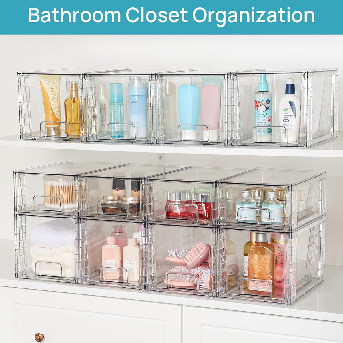 Vtopmart 8 Pack Large Stackable Storage Drawers,Clear Acrylic Drawer Organizers with Handles, Easily Assemble for Fridge, Bathroom,Kitchen Undersink,Cabinet,Pantry Organization and Storage