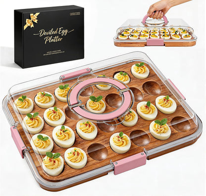 Renmxj Deviled Egg Containers with Lid, 28 Holes Reversible Acacia Wooden Deviled Egg Platter, Lid Dishwasher Safe Egg Tray, Ideal Gift for Women Kitchen & Party (Black)
