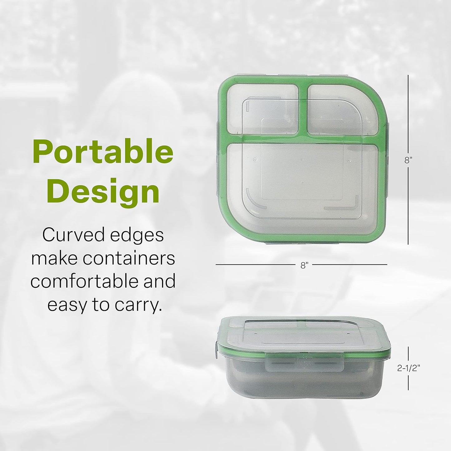 MyGo Container Large To-Go 3-Compartment Food Containers, Pack Of 3, 9-3/8" X 9-3/8" X 2-1/2", Reusable, Microwave Safe, NSF Certified, Smoke/Green