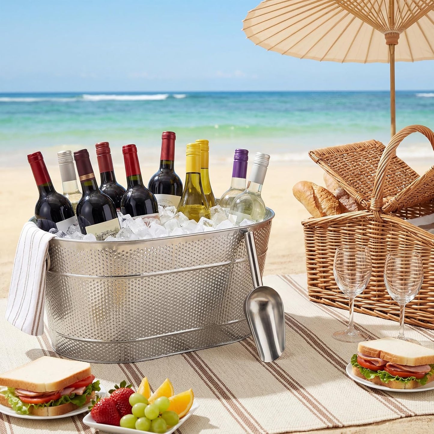 2 Set 4 Gallon Galvanized Beverage Tub Include 2 Ice Buckets with Handle 2 Ice Scoops and 2 Insulated Mats Drink Bucket Cubetas Para Cerveza for Cocktail Bar Party Chill Wine Champagne Beer