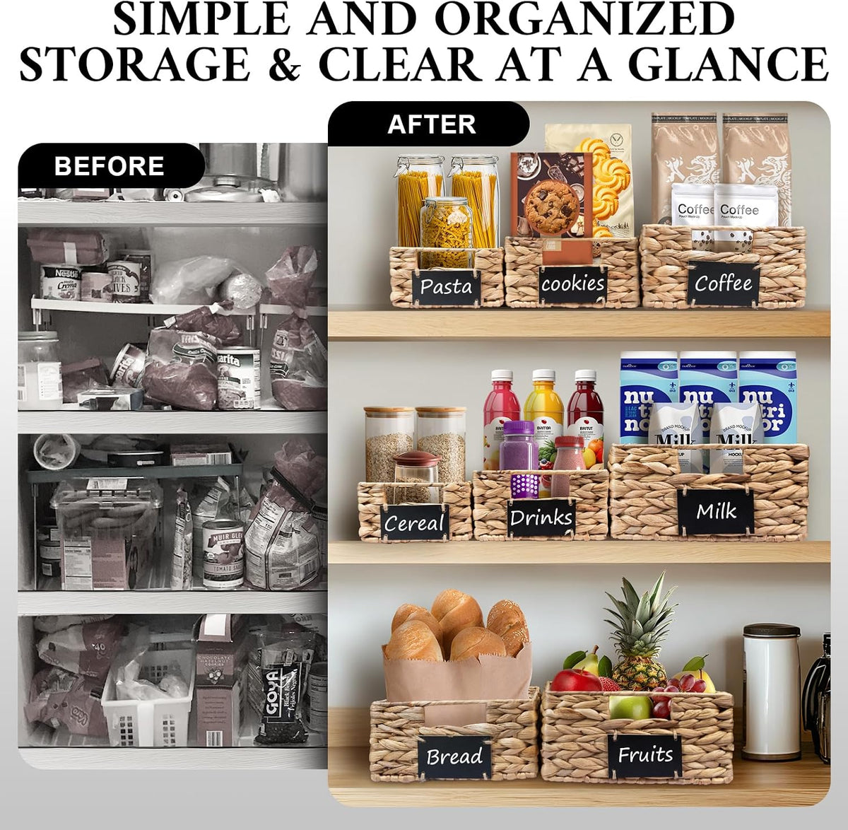 Set of 4 Sizes Hand-Woven Pantry Shelf Baskets, Hyacinth Storage Baskets with Chalkboard Labels & 2 Chalk Markers, Wicker Nestable Basket Set for Organizing Pantry Kitchen Laundry Shelves (Brown)