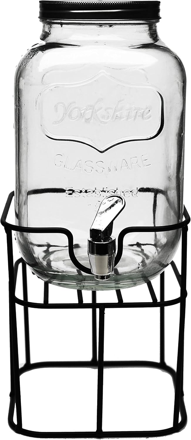 Circleware Sun Tea Mini Mason Jar Glass Beverage Dispenser with Lid, Glassware For Water, Juice, Beer, Wine, Liquor, Kombucha Iced Punch & Cold Drinks, Classic Yorkshire 1 Gallon with Stand