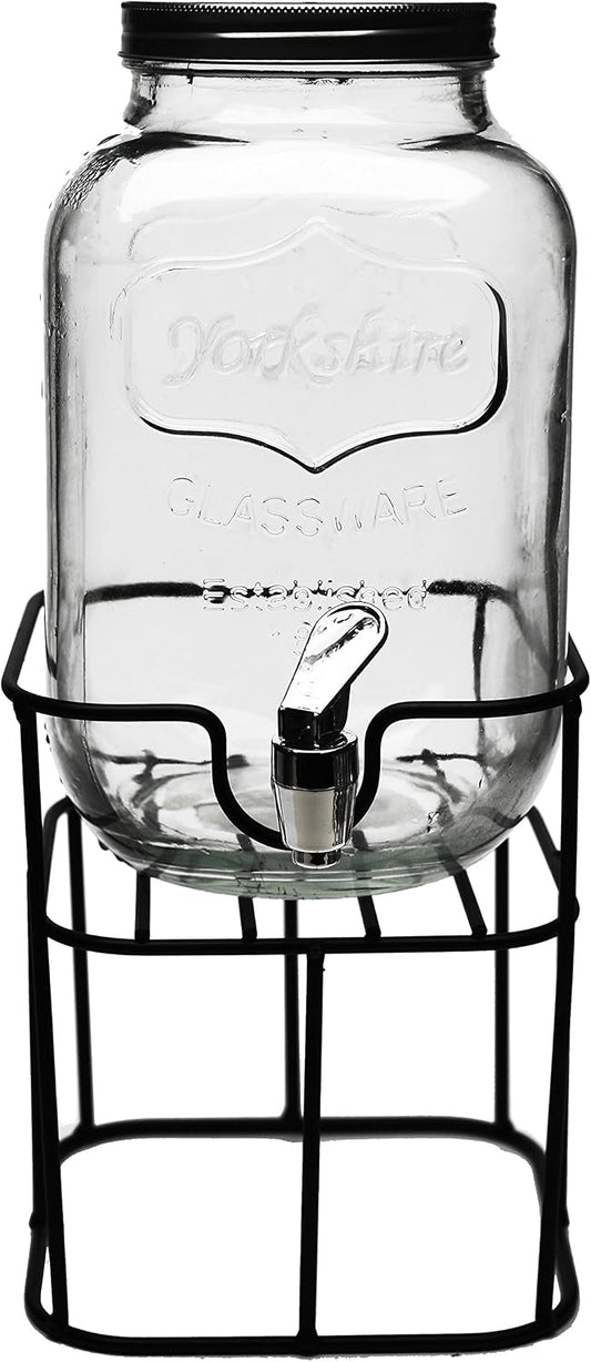 Circleware Sun Tea Mini Mason Jar Glass Beverage Dispenser with Lid, Glassware For Water, Juice, Beer, Wine, Liquor, Kombucha Iced Punch & Cold Drinks, Classic Yorkshire 1 Gallon with Stand