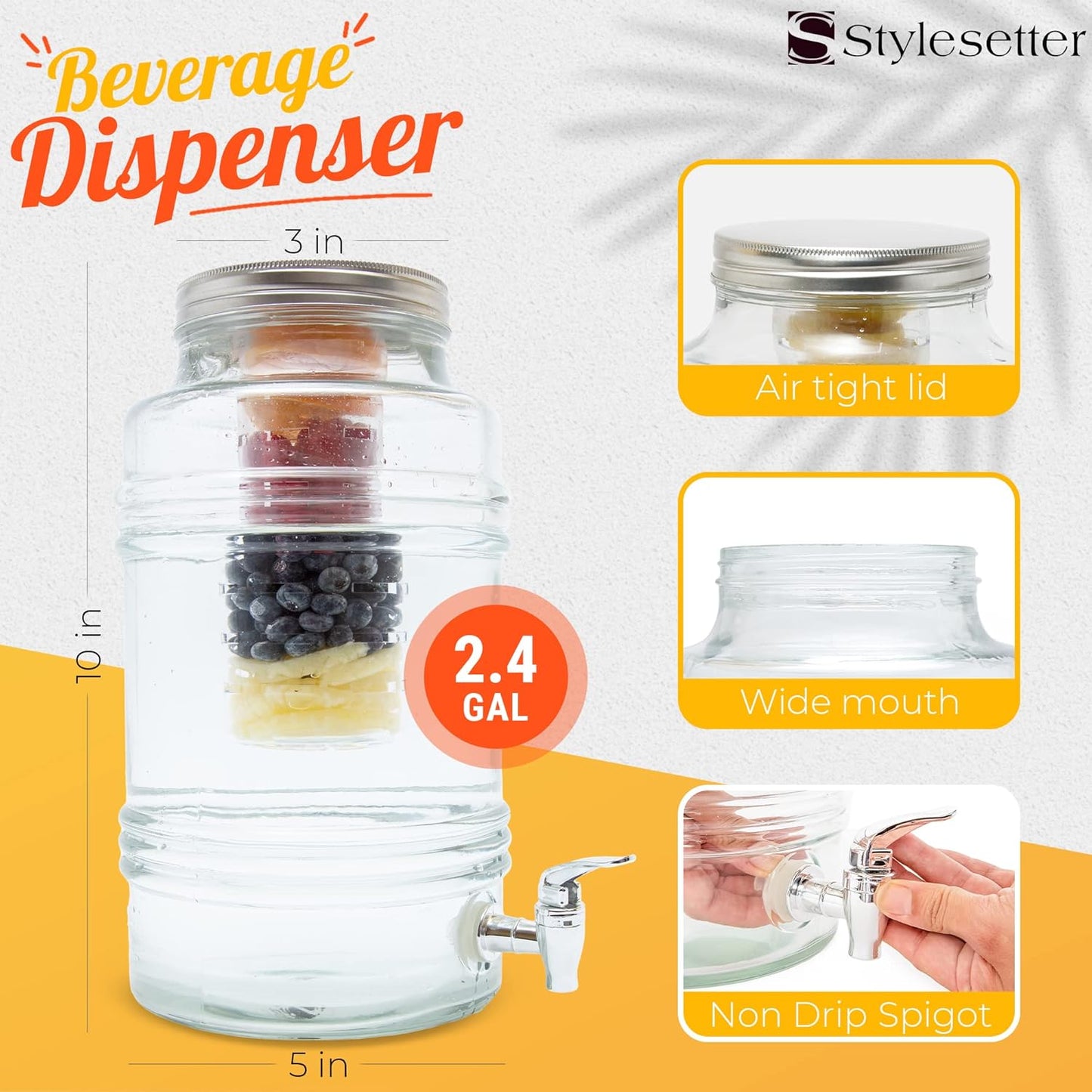 Style Setter Patchwork Beverage Dispenser Cold Drink Dispenser w/ 2.4-Gallon Capacity Glass Jug, Ice Insert, Fruit Infuser, Galvanized Base, Leak Proof Spigot Great for Parties Weddings
