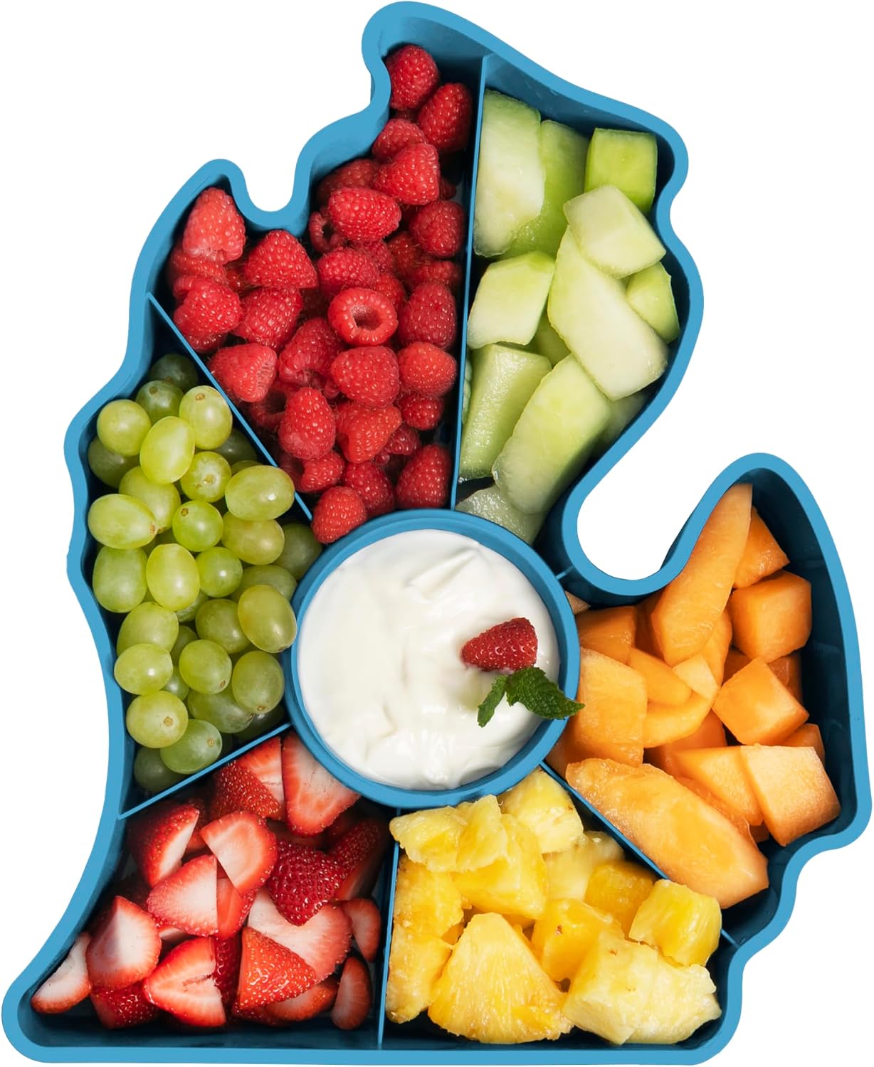 KOLORAE Michigan Serving Tray - Unique 7 Compartment Mitten State Reusable Snack Tray w/Dressing Cup. Great for Entertaining and Storage for Appetizers, Snacks, Chips & Dip