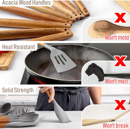 Zulay Kitchen Utensils Set Non-Stick Silicone Cooking Utensils Set with Authentic Acacia Wood Handles - 5 Piece Silicone Utensil Set - Kitchen Utensils Set with 464°F Heat Resistance - Gray