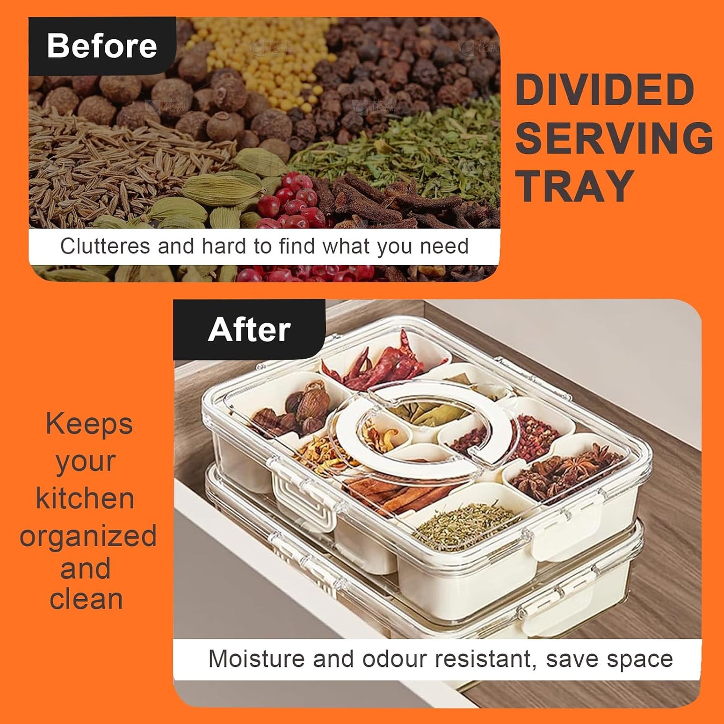 Divided Serving Tray with Lid and Handle, Portable Snackle Box Container for Fruits Snacks Charcuterie Organizer, Spinning Rounded Veggie Tray for Kitchen, Party, Travel and Picnic
