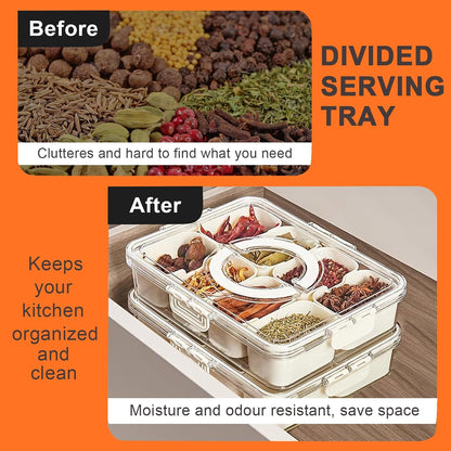 Divided Serving Tray with Lid and Handle, Portable Snackle Box Container for Fruits Snacks Charcuterie Organizer, Spinning Rounded Veggie Tray for Kitchen, Party, Travel and Picnic