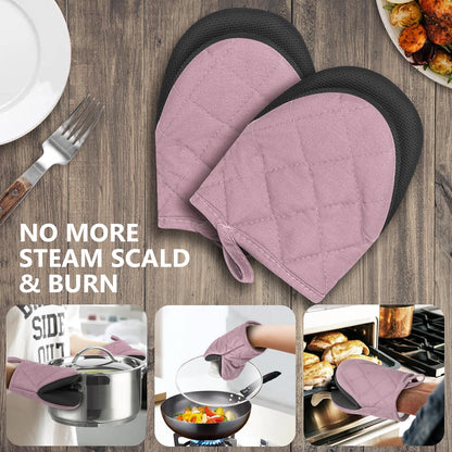 1 Pair Short Oven Mitts - Silicone Kitchen Oven Gloves High Heat Resistant 500℉, Mini Oven Mits with Non-Slip Grip Surfaces and Hanging Loop for BBQ, Baking, Cooking and Grilling (Black)