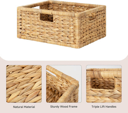 StorageWorks Wicker Basket for Organizing, Pantry Organizer with Wooden Frame, Water Hyacinth Storage Basket for Shelves