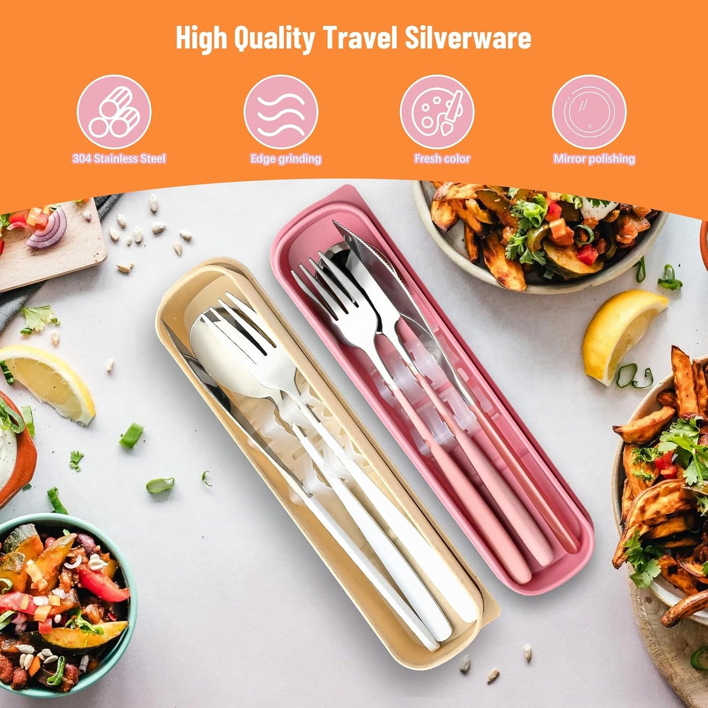 Travel Utensils with Case, 2 Sets Reusable Utensils Set with Case, Camping Utensil Set, Portable Silverware Lunch Utensils Set for Work Camping School(Beige, Pink)