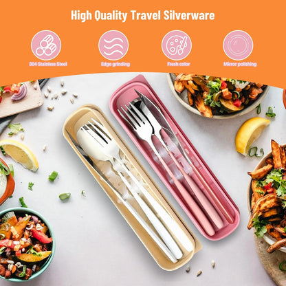 Travel Utensils with Case, 2 Sets Reusable Utensils Set with Case, Camping Utensil Set, Portable Silverware Lunch Utensils Set for Work Camping School(Beige, Pink)