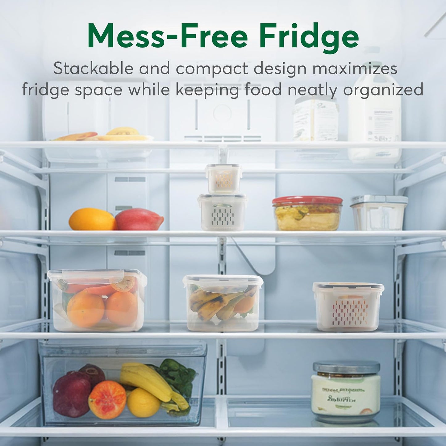 5 Set Fruit Storage Containers for Fridge with Colanders Dishwasher Safe, Leakproof Fruit and Vegetable Storage BPA-Free Plastic, Produce Storage Keep Berry Fruit Veggie Meat Fresh