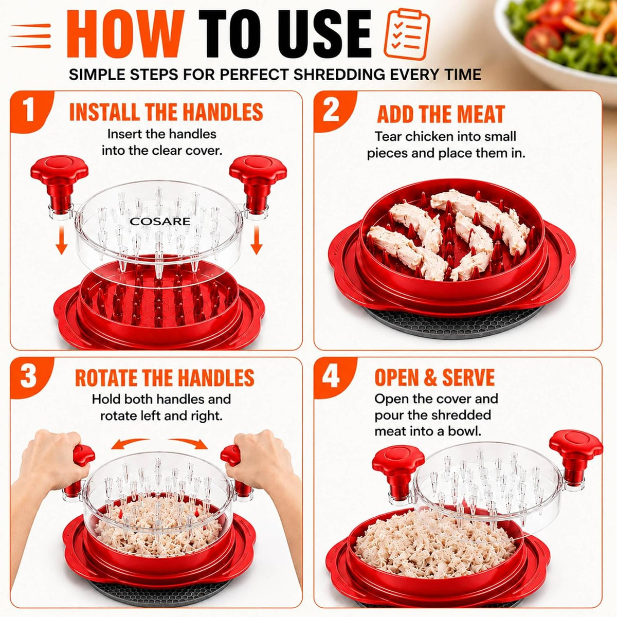 COSARE Chicken Shredder Tool Twist Large, Meat Shredder for Chicken Breast, Pork & Beef, BPA Free, Strong Anti-Slip Strip, Ergonomic Handle, Meat Claws, Tong, Brush & Mat - Red