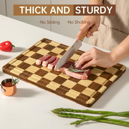 THETCHRY Bamboo Cutting Board Set, Checkered Wood Cutting Boards for Kitchen with Juice Groove, Non Toxic Wooden Charcuterie Boards, Non Slip Chopping Board for Meat Fruit Cheese, Housewarming Gift