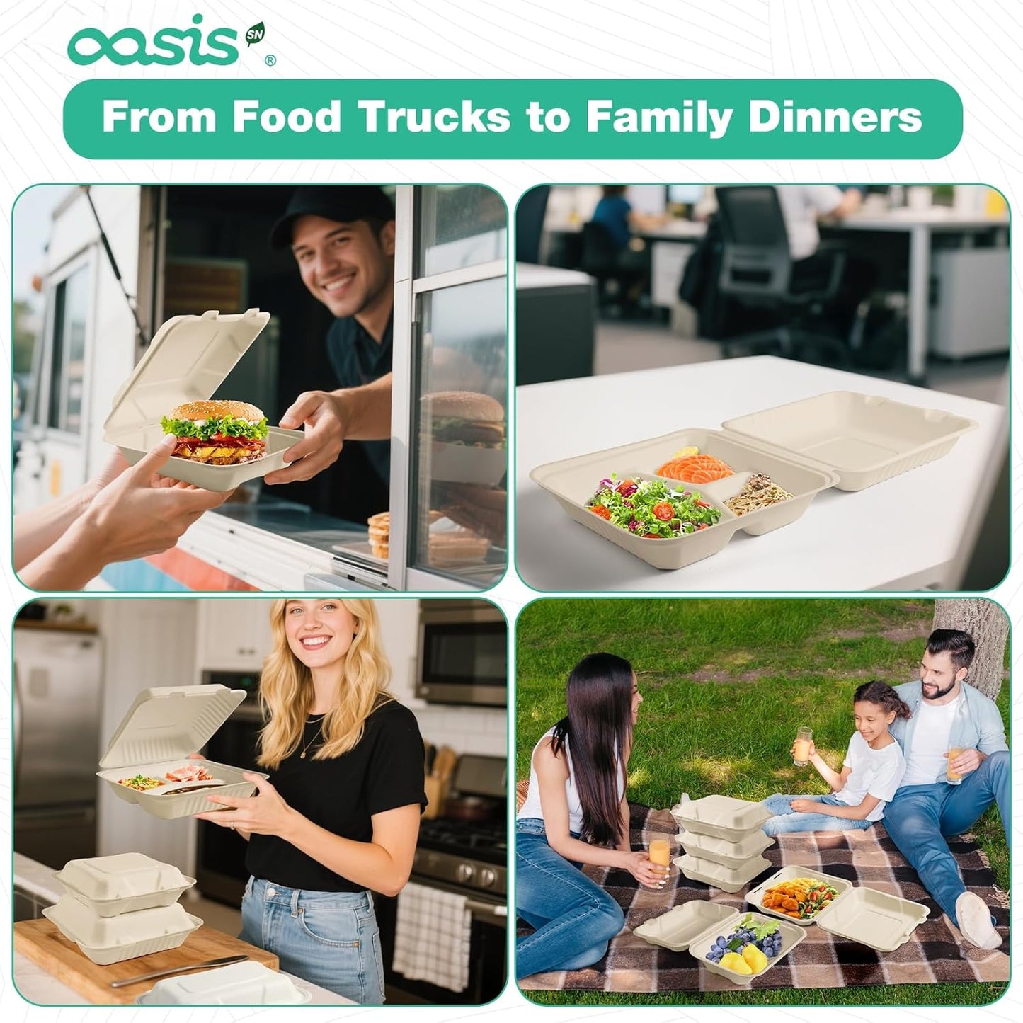 𝟴𝘅𝟴", 𝟲𝟴-𝗣𝗮𝗰𝗸 3-Compartment Clamshell Takeout Containers, 100% Compostable Heavy-Duty Disposable Paper Lunch Boxes(White)