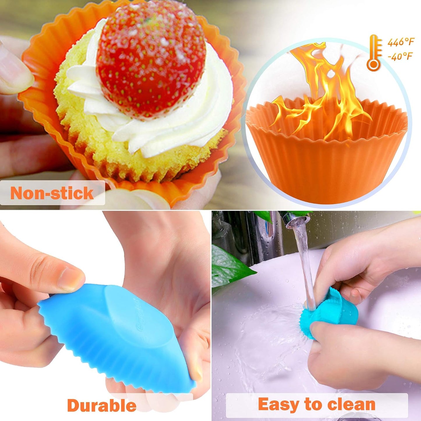 IPOW 24 Pack Silicone Cupcake Baking Cups Reusable Food-Grade BPA Free Non-Stick Muffin Liners Molds Sets, 2 Shapes Round Rectangle