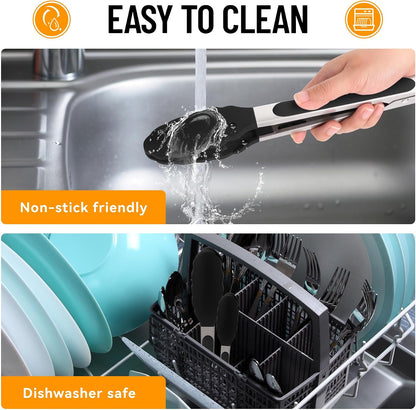 HOTEC Premium Stainless Steel Locking Kitchen Tongs with Silicon Tips, Set of 2-9" and 12"