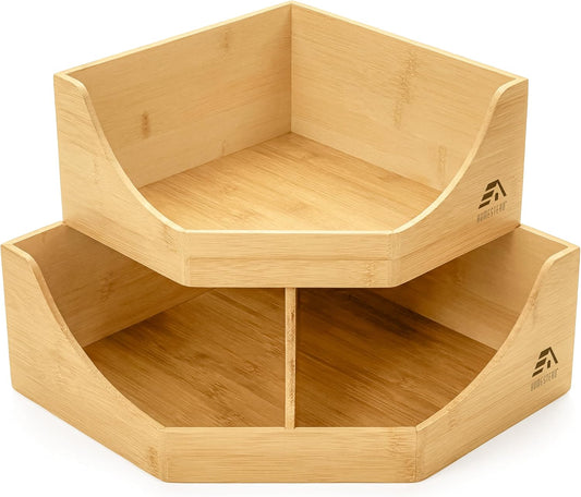 HOMESTEAD Bamboo Corner Storage Bin, 2-Tier Stackable Potato and Onion Storage Bin for Kitchen Counter Corner Shelf, Wooden Produce Storage Pantry Organizer, Fruit & Vegetable Holder, Medium